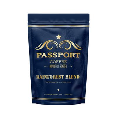 Passport Coffee Rainforest Blend - Medium Dark roast blend from Sumatra, Guatemala Ethiopia. Full-bodied smooth with flavor notes of dark chocolate, and caramel. Premium whole bean coffee,12oz Bag