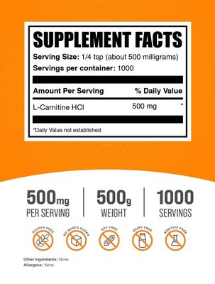 BulkSupplements.com L-Carnitine HCl Powder - Fat Burner Supplements - Carnitine Supplement - Safe Pre Workout (500 Grams - 1.1 lbs)