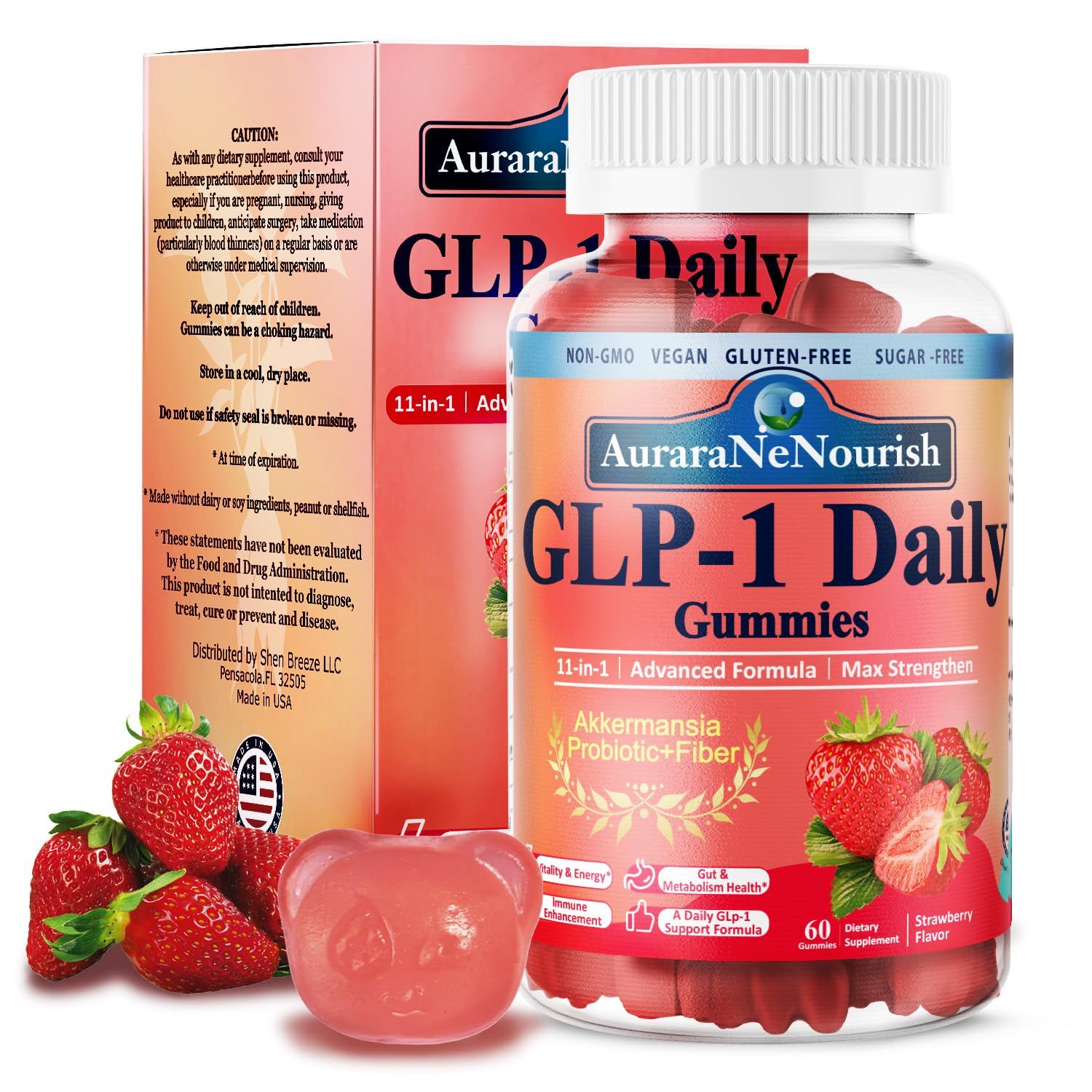 GLP-1 Probiotic Akkermansia Muciniphila Supplement, 11-in-1 Natural GLP Gummies with Green Tea, Bromelain, Fiber, Berberine, High Potency Support GLP-1 Production, Energy Digestion, Metabolism and Gut