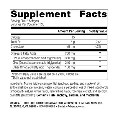 Bariatric Advantage Omega-3 300 EPA DHA Fish Oil Capsules, Concentrated Source of Fatty Acids from Sustainably Sourced Cold Water Fish - Lemon Lime, 270 Softgels