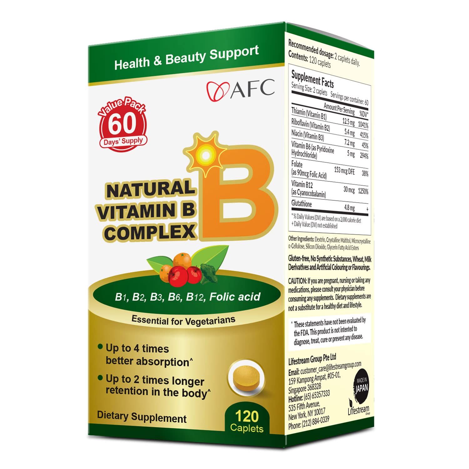 AFC Japan Natural Vitamin B Complex with B1, B2, B3, B6, B12, Folic Acid Glutathione Yeast Extract, No Synthetics, Non-GMO, Supplement for Stress, Energy, Immune Nervous System,120 Vegan Caplets