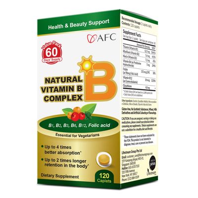 AFC Japan Natural Vitamin B Complex with B1, B2, B3, B6, B12, Folic Acid Glutathione Yeast Extract, No Synthetics, Non-GMO, Supplement for Stress, Energy, Immune Nervous System,120 Vegan Caplets