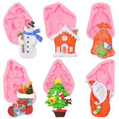 Santa Fondant Molds, Chiristmas Tree Snowman Candy Cane Silicone Molds, Xmas Sock Sack Snow House Shaped Chocolate Molds for Cake Decoration Cookie Gummy Plaster Clay Resin Set of 6