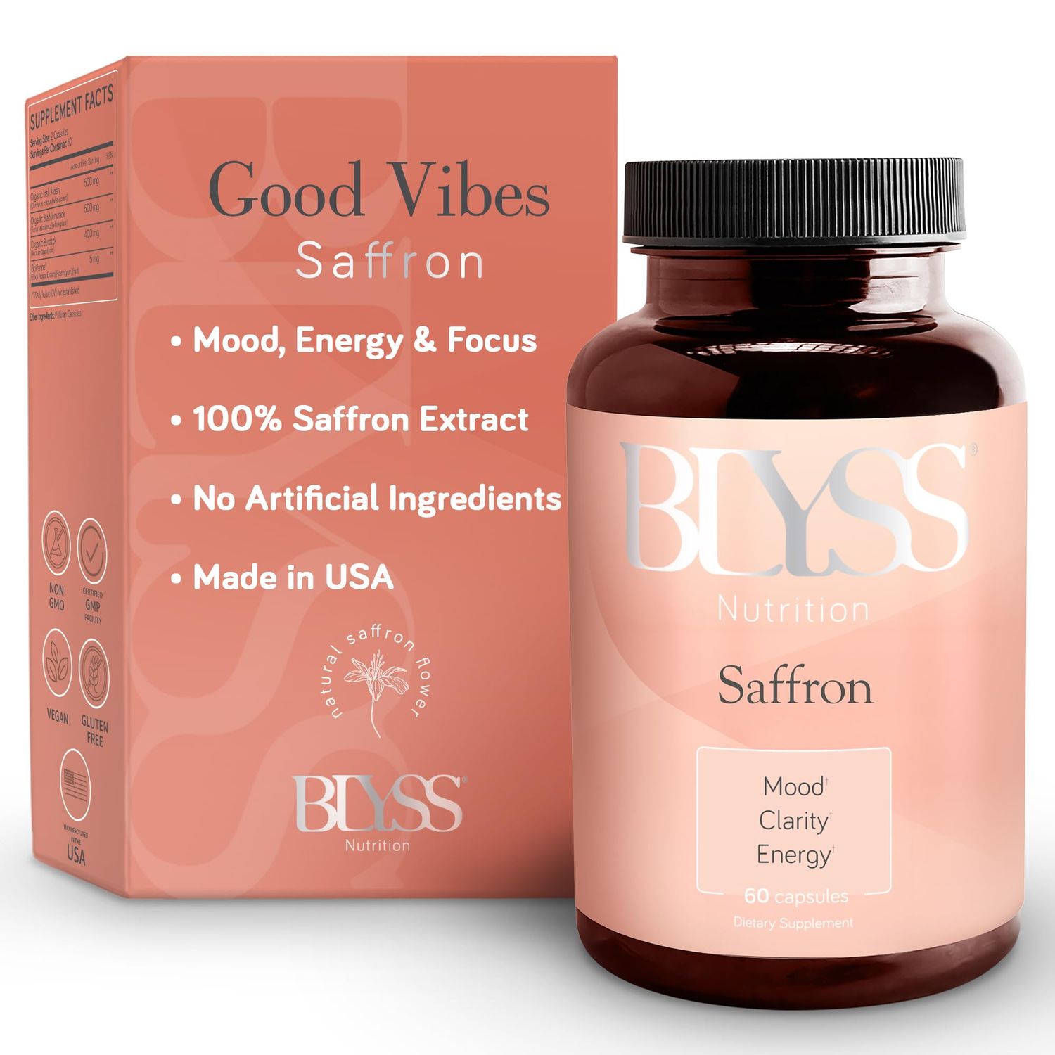 BLYSS Nutrition Saffron Supplements - Saffron Extract Pills for Women - Support Mood, Energy Boost, PMS, Mental Clarity Metabolism - Non-GMO, Gluten Free, 60 Vegan Capsules