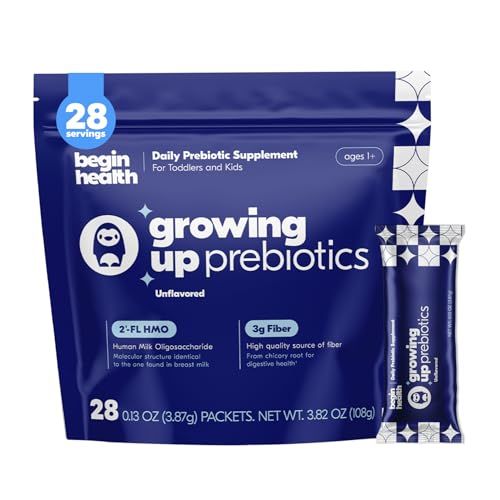 Begin Health Growing Up Prebiotics for Kids 28-Packs Prebiotic Soluble Powder Stool Softeners and Digestive Gut Health Supplement Ideal to Mix with Kids Daily Beverages and Soft Foods - Unflavored