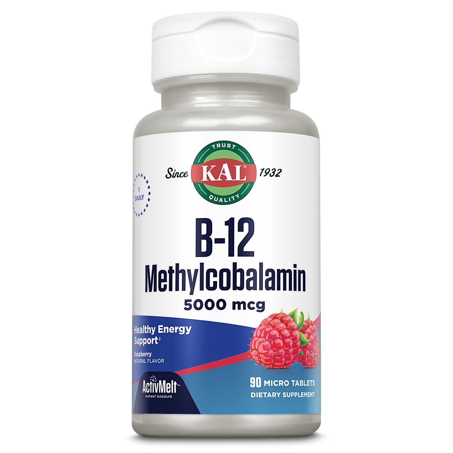 KAL Vitamin B12 Methylcobalamin 5000mcg, Healthy Energy, Metabolism, Nerve Red Blood Cell Support, Fast Dissolve ActivMelts, Optimal Absorption, Natural Raspberry Flavor, 90 Servings, 90 Micro Tabs