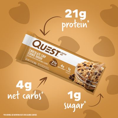 Quest Nutrition Chocolate Chip Cookie Dough Protein Bars, 21g Protein, 4, Net Carbs, 1g Sugar, Gluten Free, Keto Friendly, 4 Count