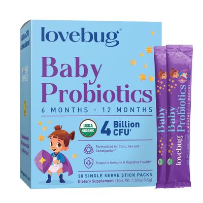 Lovebug Award Winning USDA Organic Probiotic for Babies Multi-Strain 4 Billion CFU Easy-to-Take Powder Sugar Free Ages 6-12 Months 30 Packets