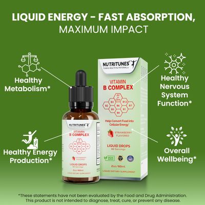 Nutritunes Liquid Vitamin B Complex - High-Potency and Complete B-Vitamin Drops for Energy, Metabolism, and Nervous System Support - Strawberry Flavored, Non-GMO, Sugar-Free - 60 Servings (2oz)