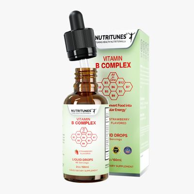 Nutritunes Liquid Vitamin B Complex - High-Potency and Complete B-Vitamin Drops for Energy, Metabolism, and Nervous System Support - Strawberry Flavored, Non-GMO, Sugar-Free - 60 Servings (2oz)