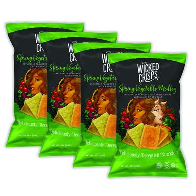 Wicked Crisps, Spring Vegetable Medley, Baked Veggie Chips, Gluten-free, Low-fat, Non-GMO, Kosher, Gourmet Vegetable Crisps with a Hint of Sea Salt, All Natural, 4oz party-size bag (4 pack)