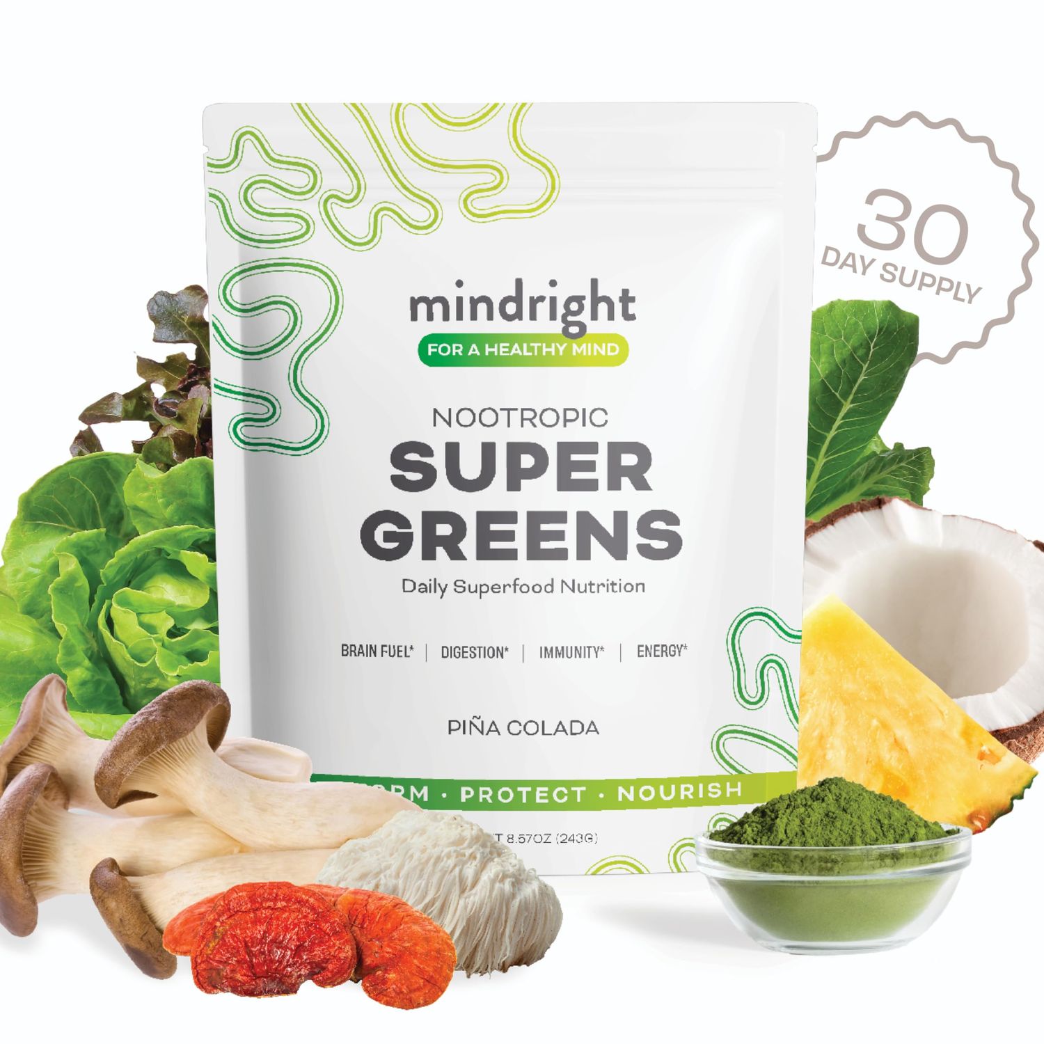 mindright Super Greens Powder - Supports Daily Wellness Mental Clarity - Organic Green Powder Superfood - Alkalizing Organic Superfood Greens Blend - 1 Count - 30 Day Supply