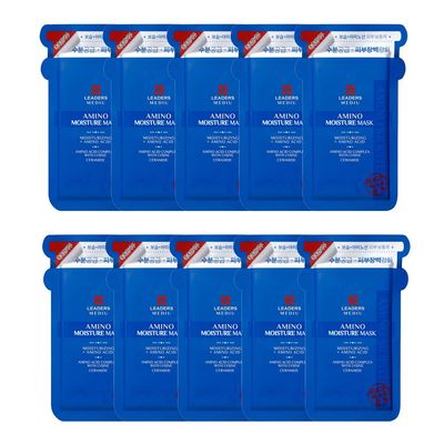 Leaders Mediu Amino Moisture Hydrating Facial Sheet Mask Natural Mineral Water, Hyaluronic Acid, Ceramide Anti-Aging, Soothes Dry Skin, Enhances Elasticity (10 Sheets)