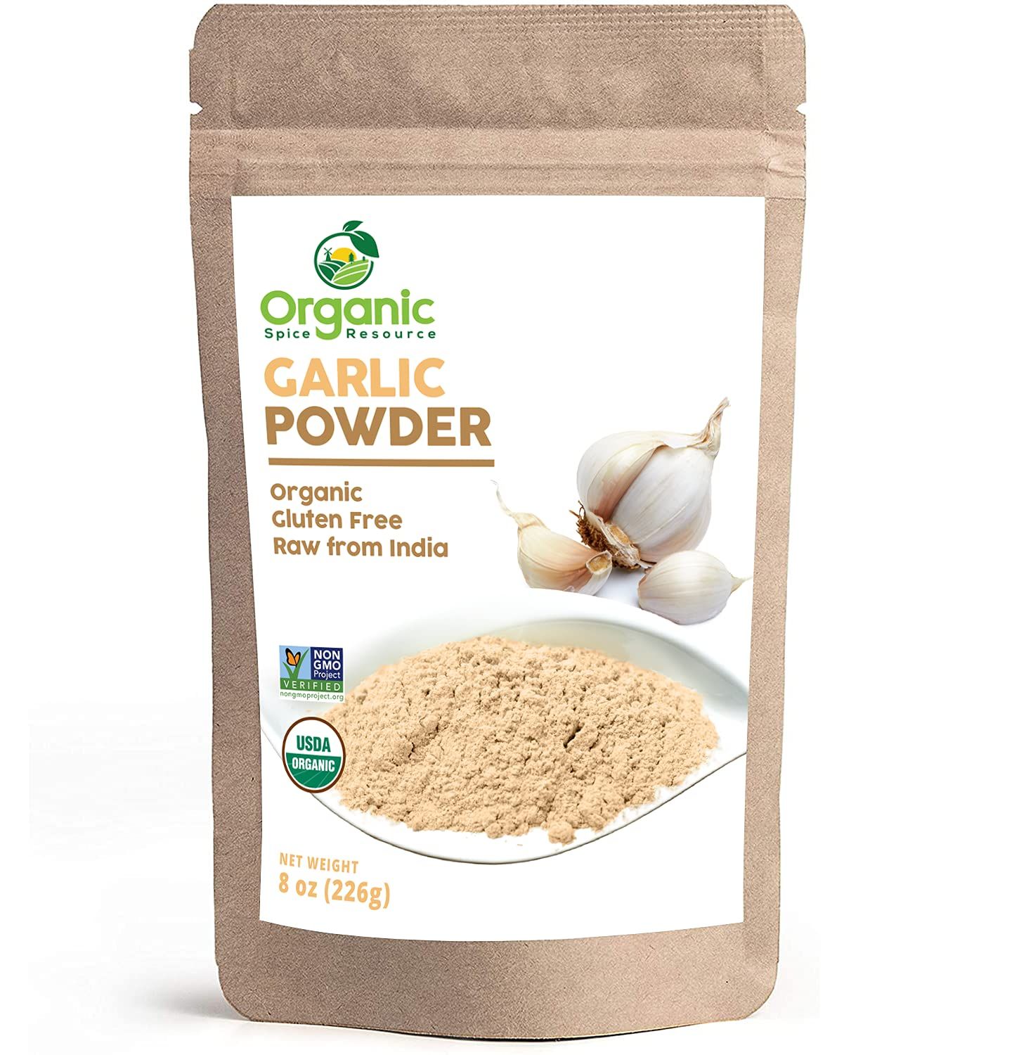 Organic Garlic Powder 8 oz (226g) USDA Organics and Non-GMO Verified Project Approved Product of India 100 Raw and Natural Resealable Kraft Bag by SHOPOSR