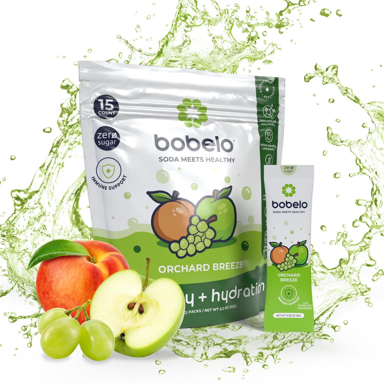 Bobelo Self Carbonating Hydration Packets, Low Calorie Drink Mix, Electrolytes Powder, Keto Friendly, Sugar Free, Orchard Breeze, 15 Count