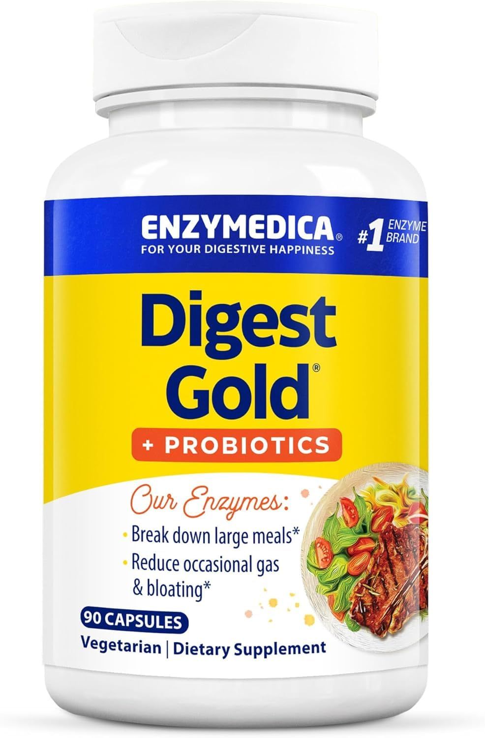 Enzymedica Digest Gold Probiotics, 2-in-1 Formula for Gut Health, Digestive Enzymes 1.5 Billion Active Probiotic Cultures, 90 Count
