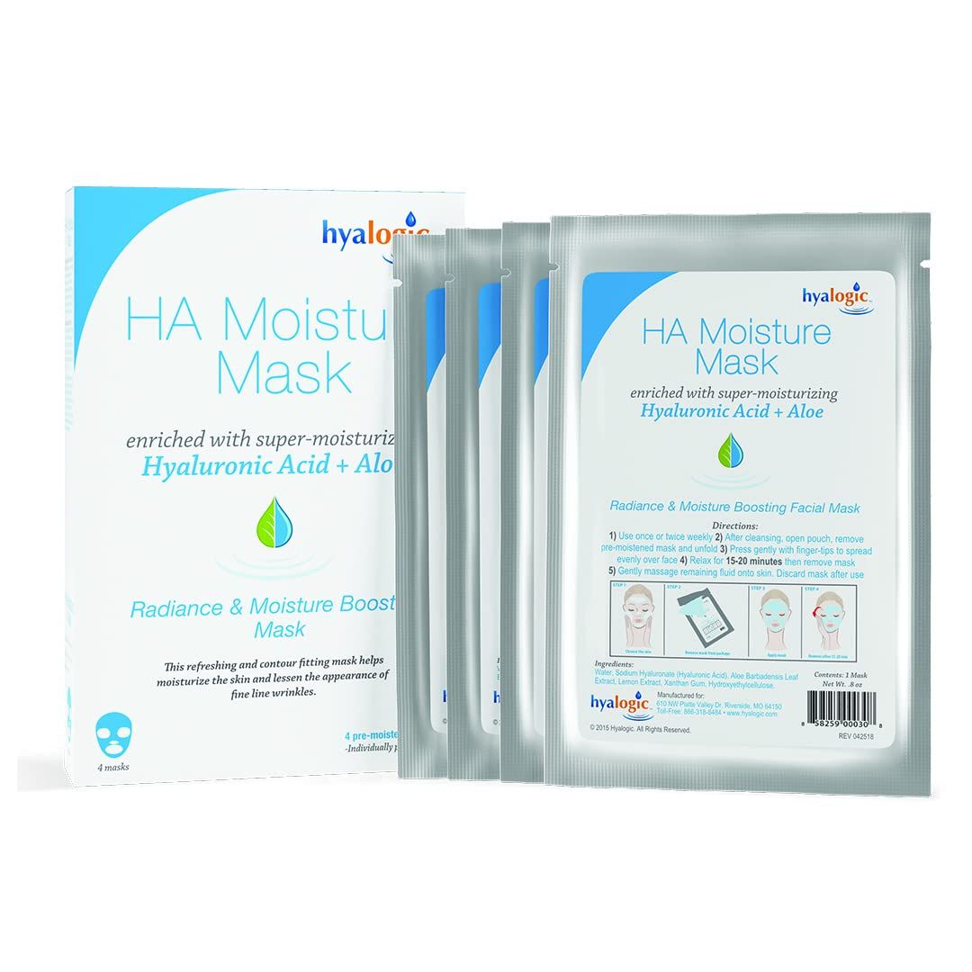 Hyalogic Hyaluronic Acid Aloe Moisturizing Face Mask - Hydrating Radiance Boosting Sheet Mask for Women - Vegan, Gluten-Free, Cruelty-Free Facial Treatment - Pack of 4 Pre-Moistened Face Masks