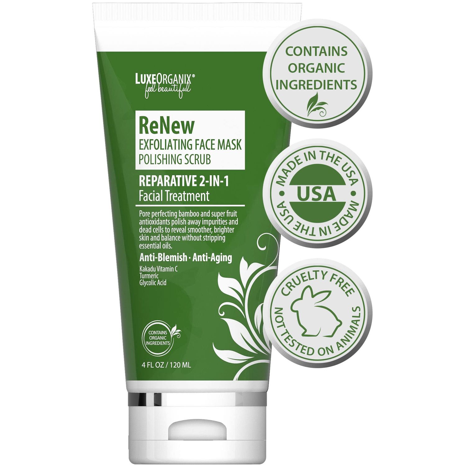 Exfoliating Face Mask Scrub; Organic 2-IN-1 Facial Treatment for Smooth, Glowing Skin. (4 oz)