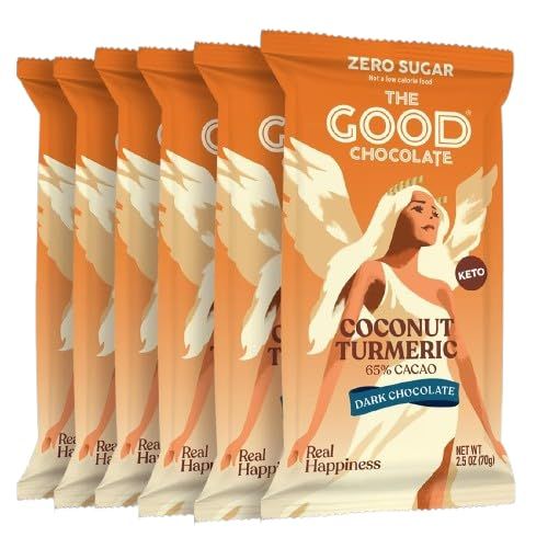 The Good Chocolate - Dark Chocolate with Coconut Turmeric Bar, Zero Sugar, Lower Net Carb Snack, Lower Calorie, Vegan Chocolate Bars, 6 Bar Value Pack
