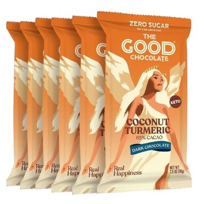 The Good Chocolate - Dark Chocolate with Coconut Turmeric Bar, Zero Sugar, Lower Net Carb Snack, Lower Calorie, Vegan Chocolate Bars, 6 Bar Value Pack