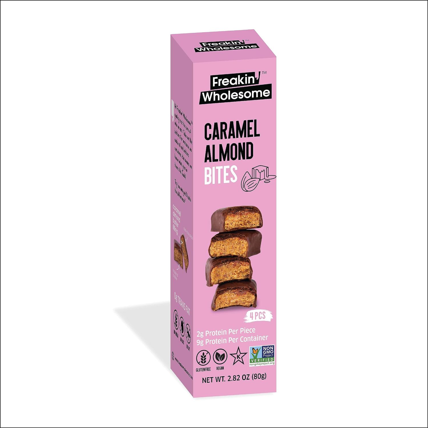Freakin&#39; Wholesome Chocolate Covered Caramel Almond Bites, High protein snacks 2.82 Ounces per box. (Pack of 3). Vegan Gluten Free