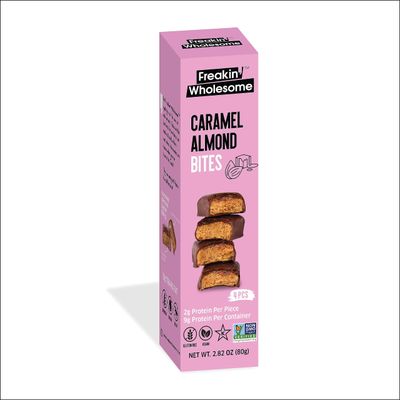 Freakin&#39; Wholesome Chocolate Covered Caramel Almond Bites, High protein snacks 2.82 Ounces per box. (Pack of 3). Vegan Gluten Free