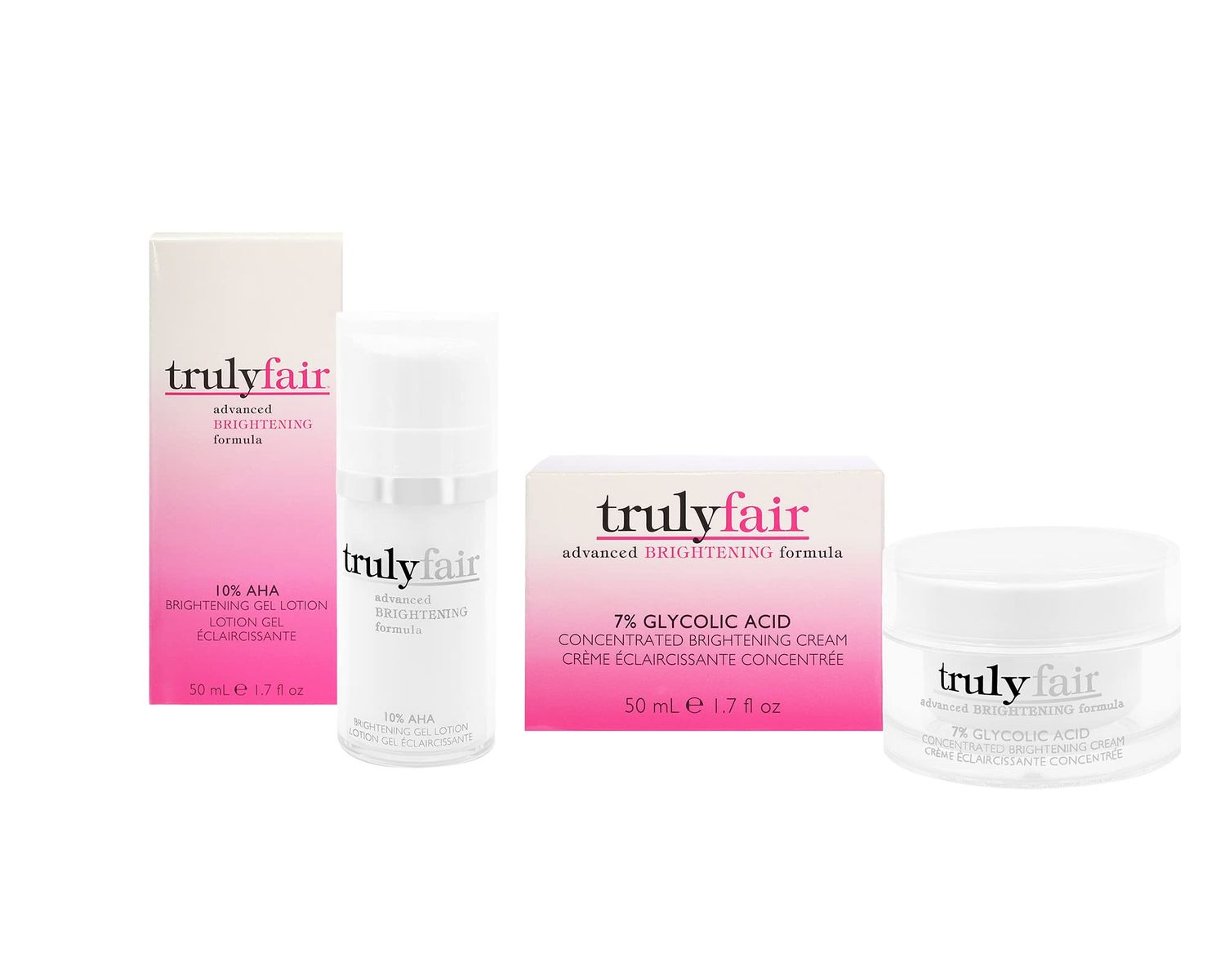 Truly Fair Face Brightening Kit - 7 Glycolic Acid Concentrated Cream 1.7 fl oz AHA Gel Lotion 1.7 fl oz - Anti-aging Anti-wrinkle - Moisturizer - Hydrating Skincare Kit - Paraben-free - For women