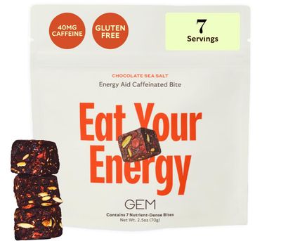 GEM Energy Aid Caffeinated Bite Holistic Sustained Energy Supports Metabolism Endurance 40mg Caffeine, Ginseng Root, L-Theanine Chocolate Cacao Sea Salt 7 Servings