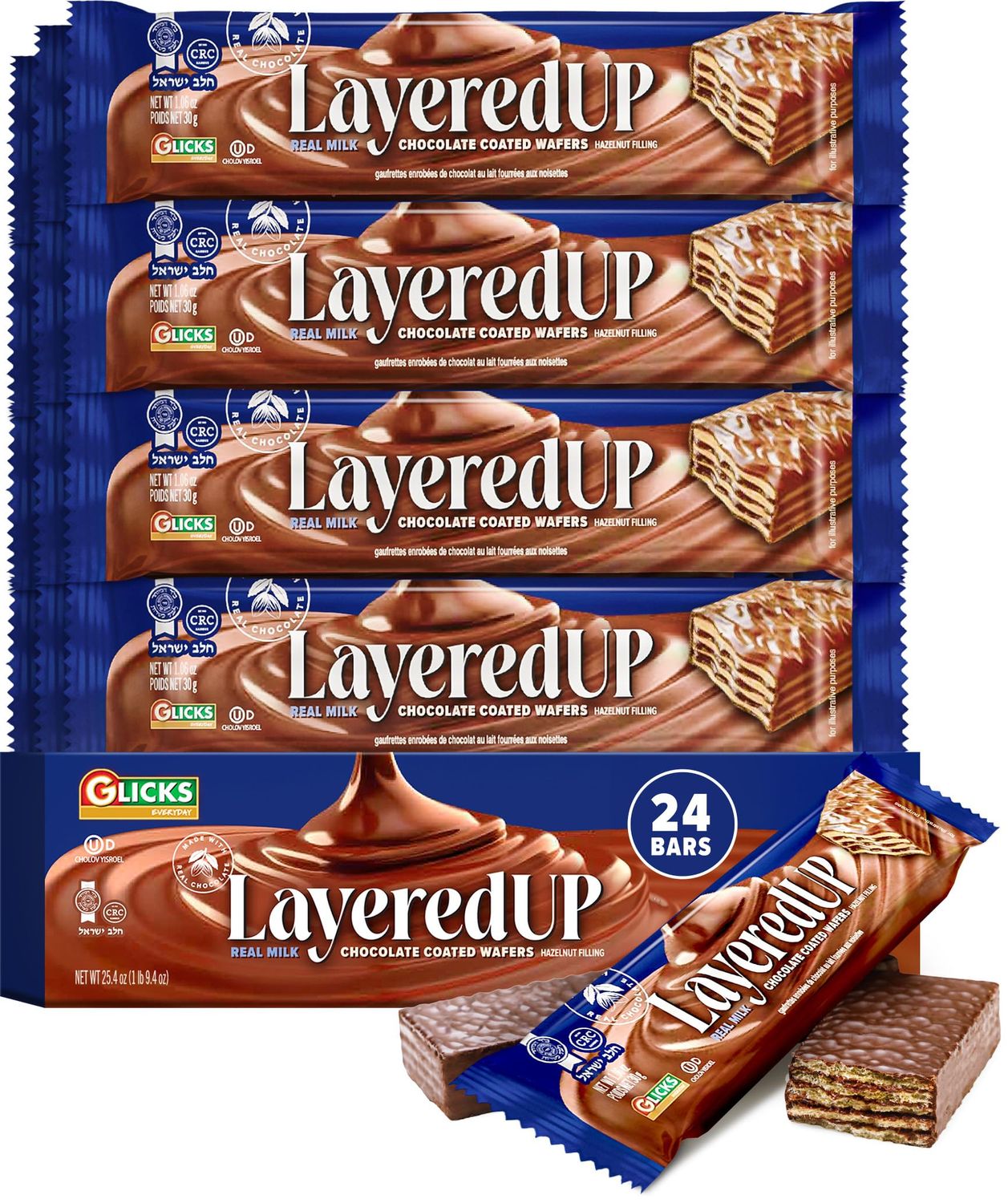 LayeredUp Wafer Cookies, Rich Milk Chocolate Coated Wafers, 24 Pack Light Crunchy Individually Wrapped Snack Bars Cholov Yisroel