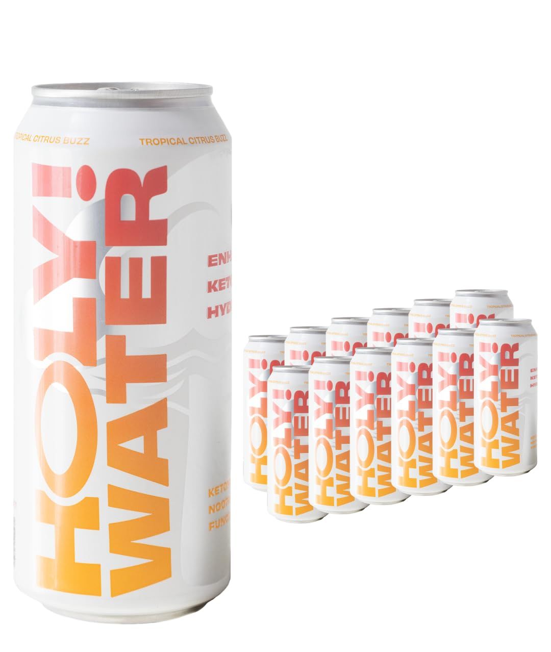 Holy! Water - Ketone Hydration Drink with Adaptogens, Mushrooms and Nootropics for Enhanced Focus, Fuel and Gut Health - Tropical Citrus Buzz, only 1g of Sugar (12 Pack) 16 oz Can