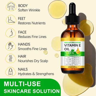 WLCTJIAYOU Vitamin E Oil 75,000 IU - 100 Pure Natural, Ultra-Concentrated for Face, Skin Body, Anti-Aging, Fades Scars Stretch Marks, Deep Hydration for Dry Skin - 2 fl.oz