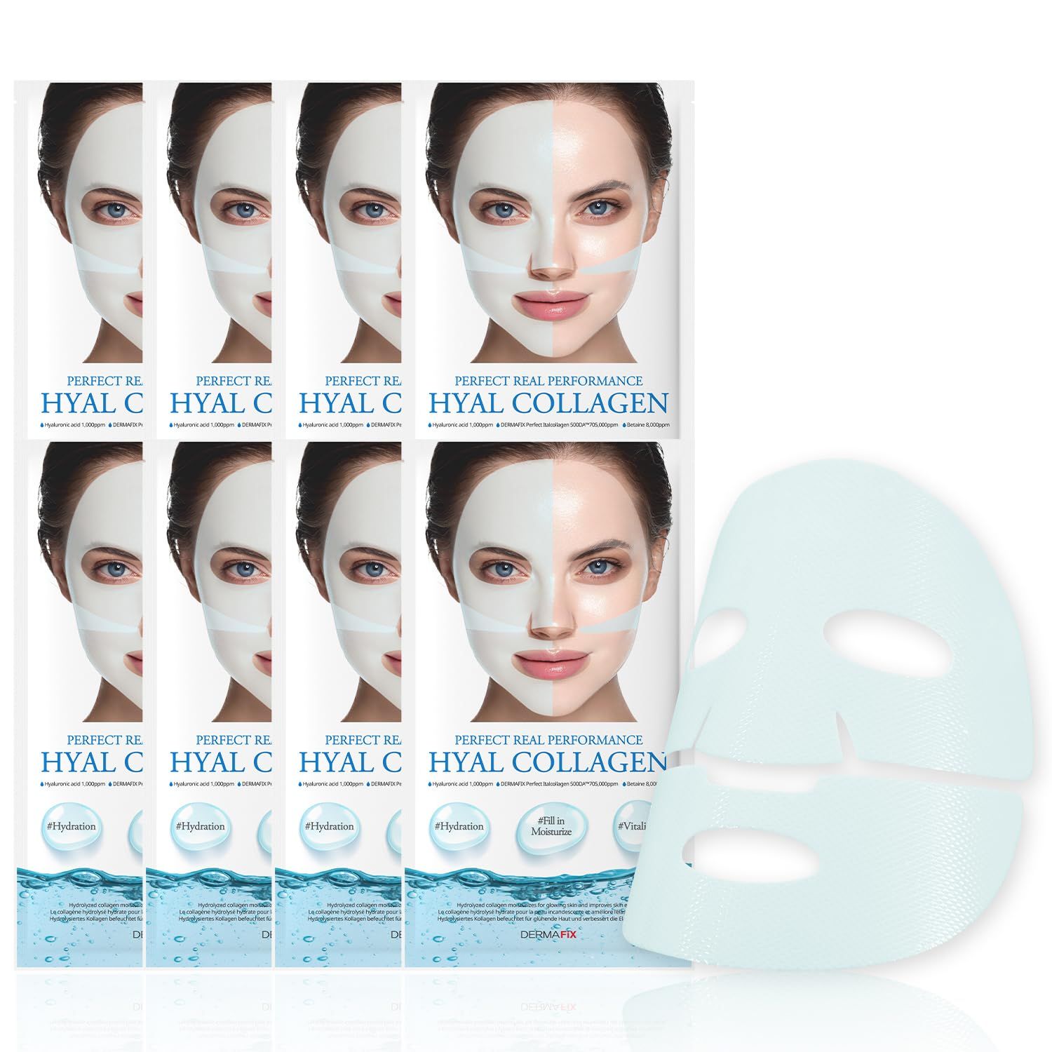 DERMAFIX HYALCOLLAGEN Hydrolyzed Collagen Face Masks, Moisturizing and Vitalizing, 23g each, Value Pack of 8