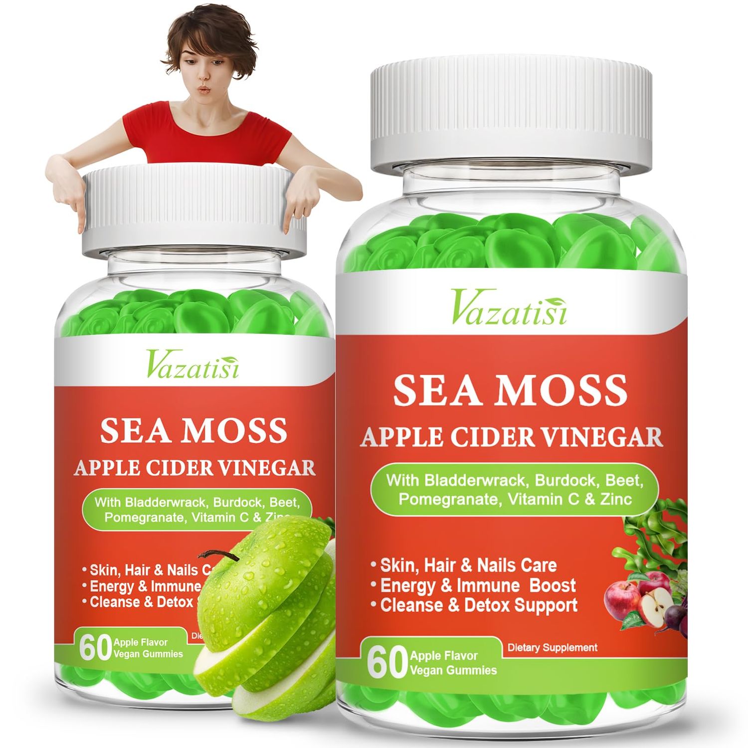 Vazatisi 2 Pack Apple Cider Vinegar Gummies, ACV with Sea Moss Gummies for Metabolism, Digestion, Detox, Gut Immune Health, Apple Flavored -120 Count