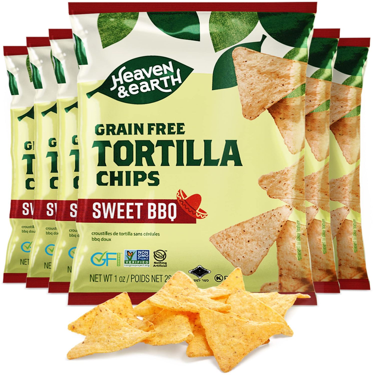 Heaven Earth Sweet BBQ Tortilla Chips, Grain Free Tortilla Chips, 1oz (6 Pack) Corn Free Gluten Free Kosher for Passover Made with Cassava