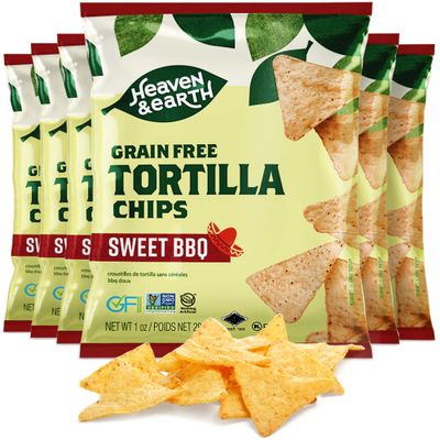 Heaven Earth Sweet BBQ Tortilla Chips, Grain Free Tortilla Chips, 1oz (6 Pack) Corn Free Gluten Free Kosher for Passover Made with Cassava