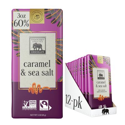 Endangered Species Dark Chocolate Bar with Caramel Sea Salt (60 cocoa) - 3 Ounce (Pack of 12)