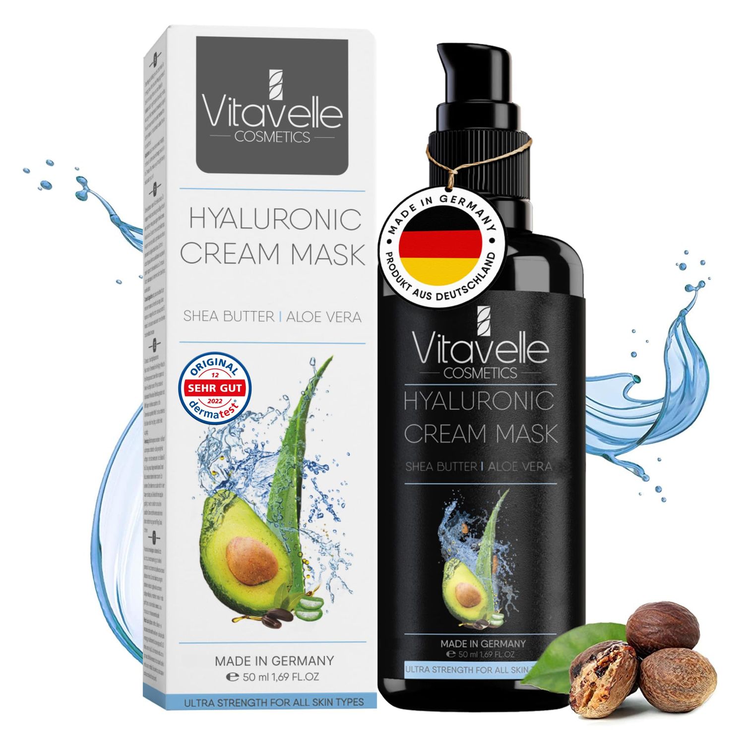 VITAVELLE Hydrating Face Mask - Hyaluronic Acid Moisturizer Mask Firming with Avocado Oil, Shea Butter, Aloe Vera and Jojoba Oil - Vegan Face Mask with No Parabens - Hydrating Face Masks Anti Aging
