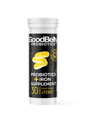 GoodBelly Probiotic Capsules for Digestive Health Iron Absorption Vegan Probiotic Supplement with 10 Billion Live Cultures Probiotics for Women Men 30 Capsules