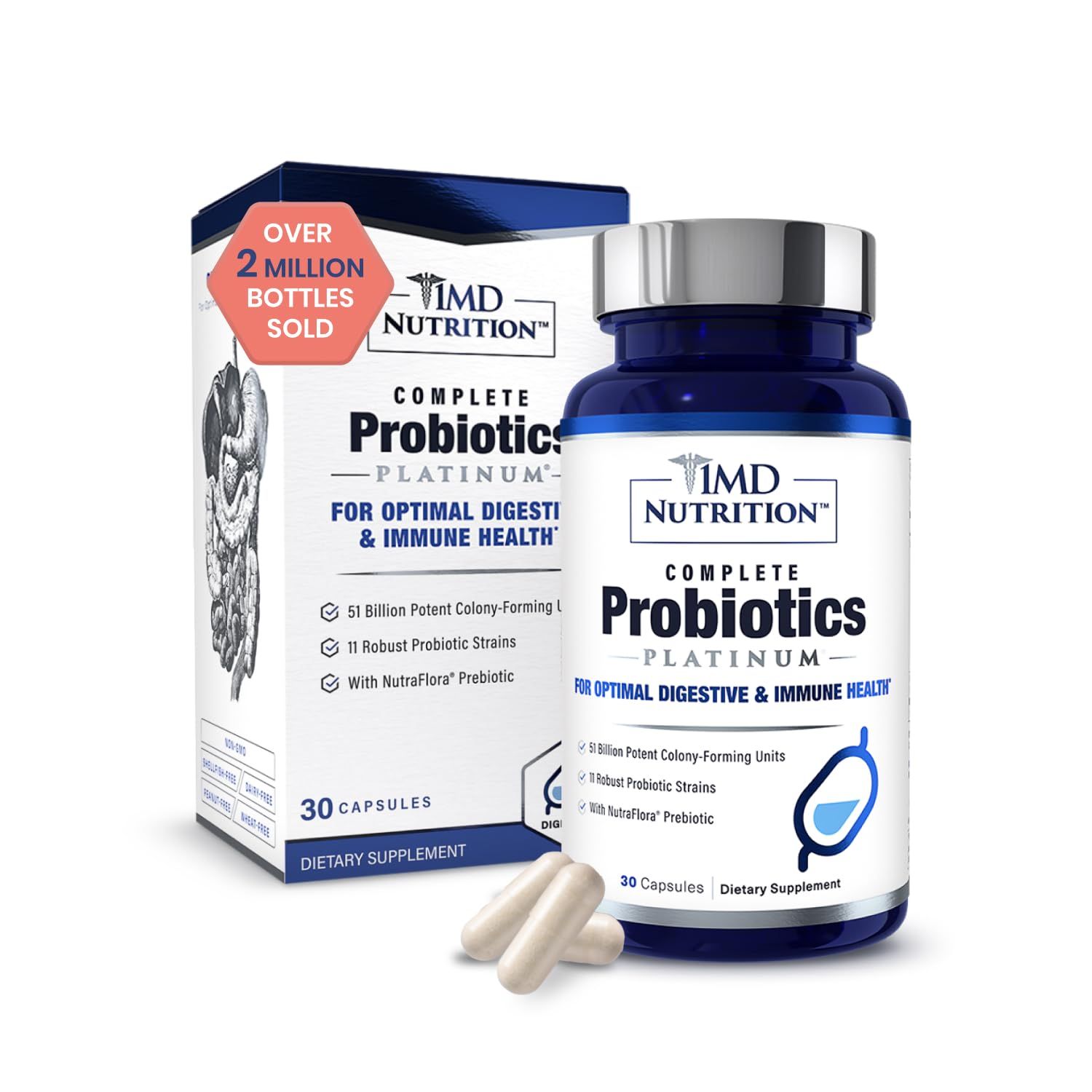 1MD Nutrition Complete Probiotics Platinum - wPrebiotics and Probiotics for Digestive Health - Probiotic Supplement for Women Men - More Than 50 Billion Live CFU 11 Strains Dairy-Free - 30 Caps
