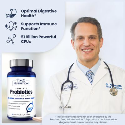 1MD Nutrition Complete Probiotics Platinum - wPrebiotics and Probiotics for Digestive Health - Probiotic Supplement for Women Men - More Than 50 Billion Live CFU 11 Strains Dairy-Free - 30 Caps