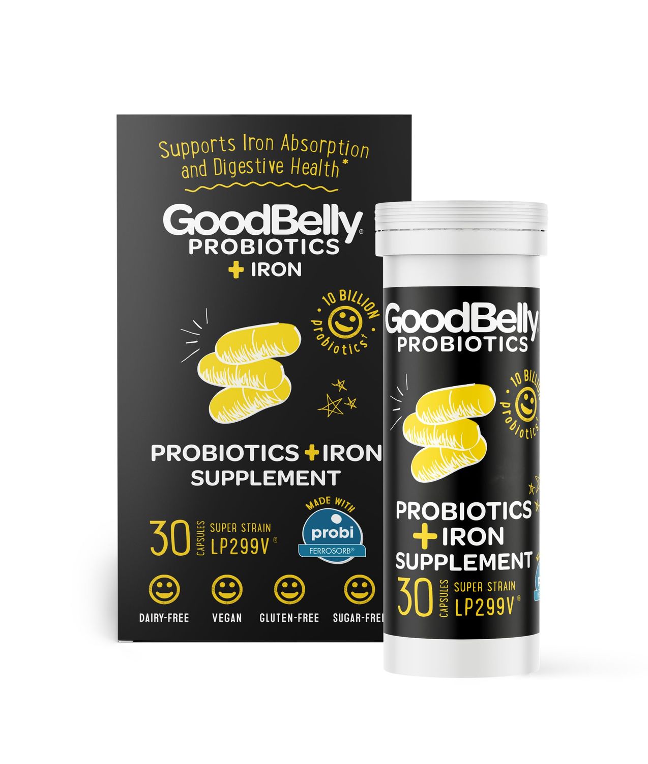 GoodBelly Probiotic Capsules for Digestive Health Iron Absorption Vegan Probiotic Supplement with 10 Billion Live Cultures Probiotics for Women Men 30 Capsules