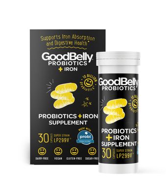 GoodBelly Probiotic Capsules for Digestive Health Iron Absorption Vegan Probiotic Supplement with 10 Billion Live Cultures Probiotics for Women Men 30 Capsules