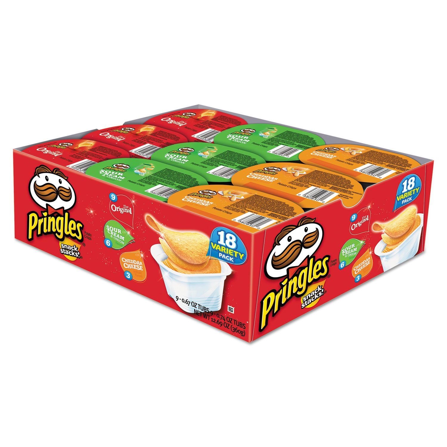 Pringles Snack Stacks, 3-Flavor Variety Pack (9-Original, 6-SourCream Onion, 3-Cheddar Cheese), 18-Count, 0.74-Ounce Packages (Pack of 2)