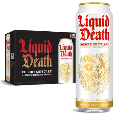 Liquid Death, Cherry Obituary, Cherry-Flavored Sparkling Water, 8-Pack (19.2oz Cans), Low Calorie No Artificial Sweeteners