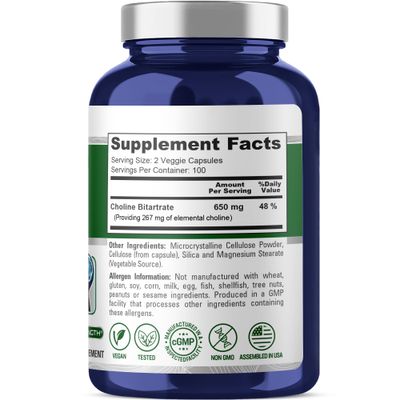 NusaPure Choline Bitartrate 650 mg 200 Veggie Capsules (Vegetarian, Non-GMO, Vegan)