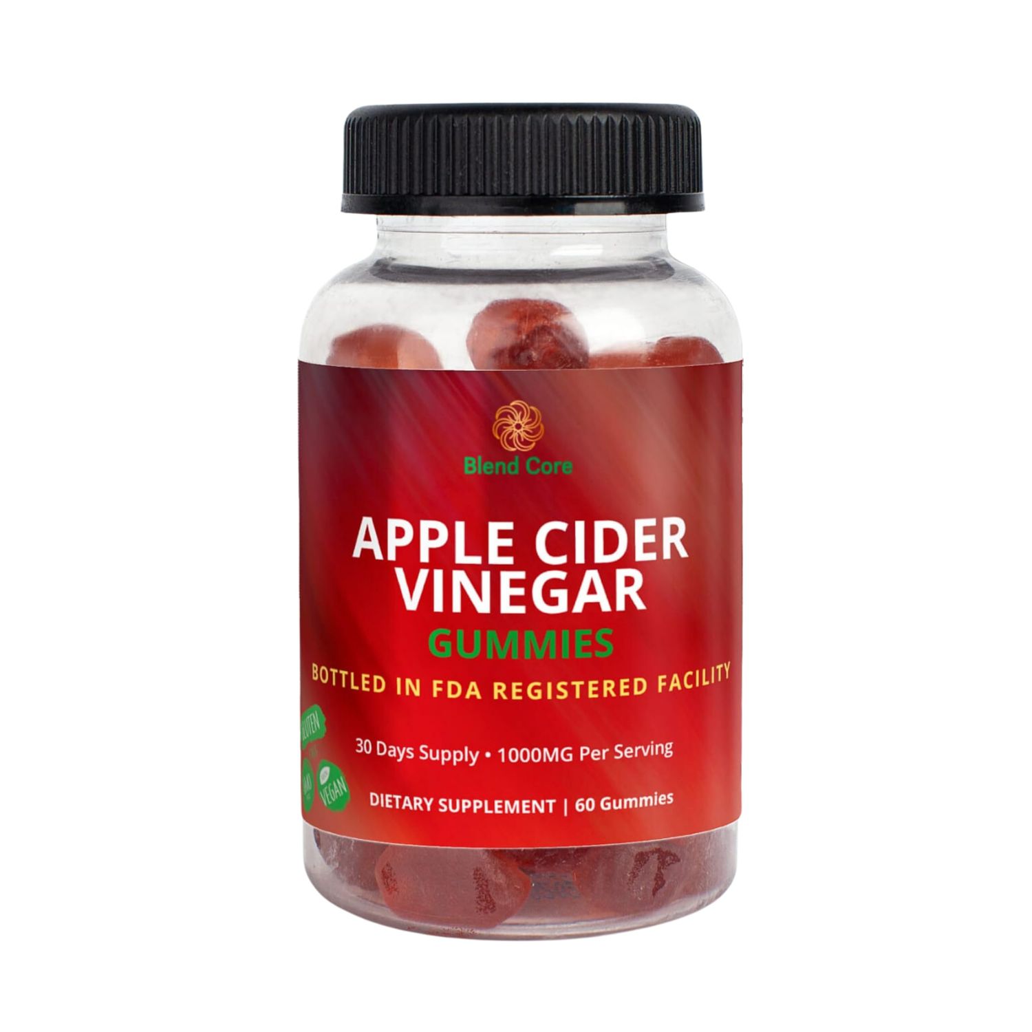 Blend Core Apple Cider Vinegar Gummies with Vitamin B12 - Vegan, Gluten-Free, Non-GMO - Apple Purple Carrot Flavored - 1000mg ACV - 60 Gummies, 30-Day Supply