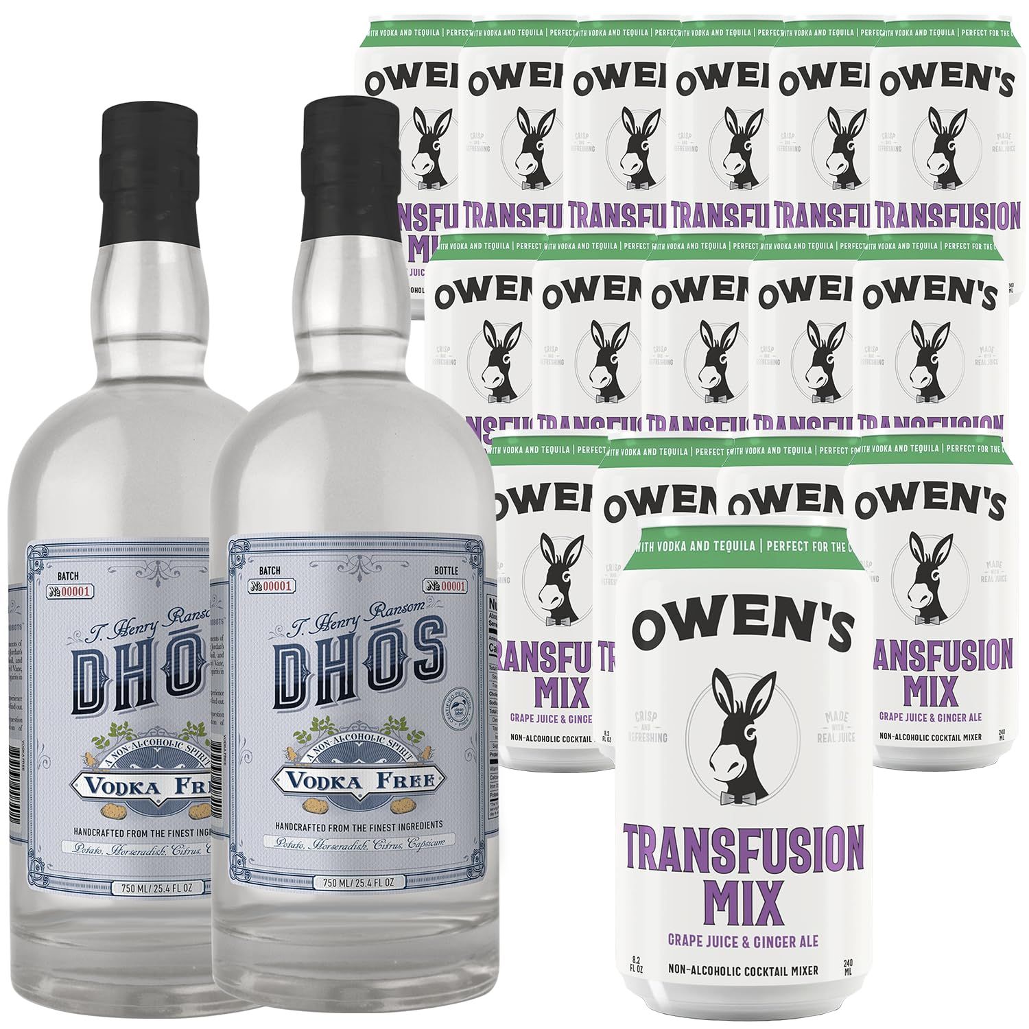 Dh s Handcrafted Non-Alcoholic Vodka 750 ML Bottles w Pack Owen s Mixers Transfusion Mix 8.2 OZ Cans - Keto-Friendly, Zero Sugar, Zero Calories, Zero Proof - Perfect for Mocktails - Made in USA