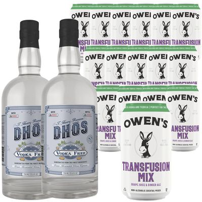 Dh s Handcrafted Non-Alcoholic Vodka 750 ML Bottles w Pack Owen s Mixers Transfusion Mix 8.2 OZ Cans - Keto-Friendly, Zero Sugar, Zero Calories, Zero Proof - Perfect for Mocktails - Made in USA
