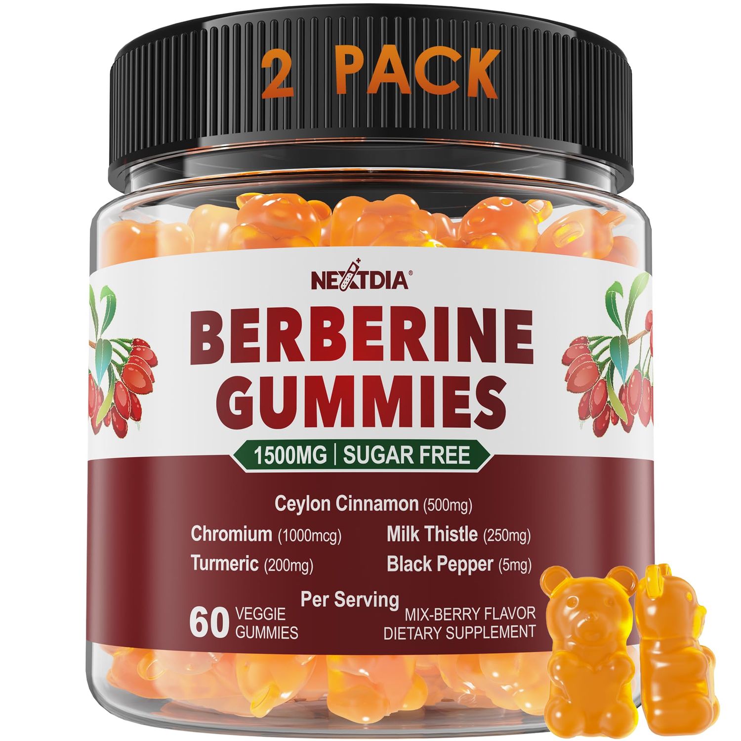 Berberine Supplement 1500mg, Sugar Free Berberine with Ceylon Cinnamon Gummies wChromium, Turmeric, Milk Thistle for Naturally Metabolism Balanced, Berberine HCl from Indian Barberry Extract, 2 Pack