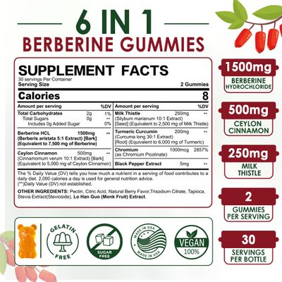 Berberine Supplement 1500mg, Sugar Free Berberine with Ceylon Cinnamon Gummies wChromium, Turmeric, Milk Thistle for Naturally Metabolism Balanced, Berberine HCl from Indian Barberry Extract, 2 Pack